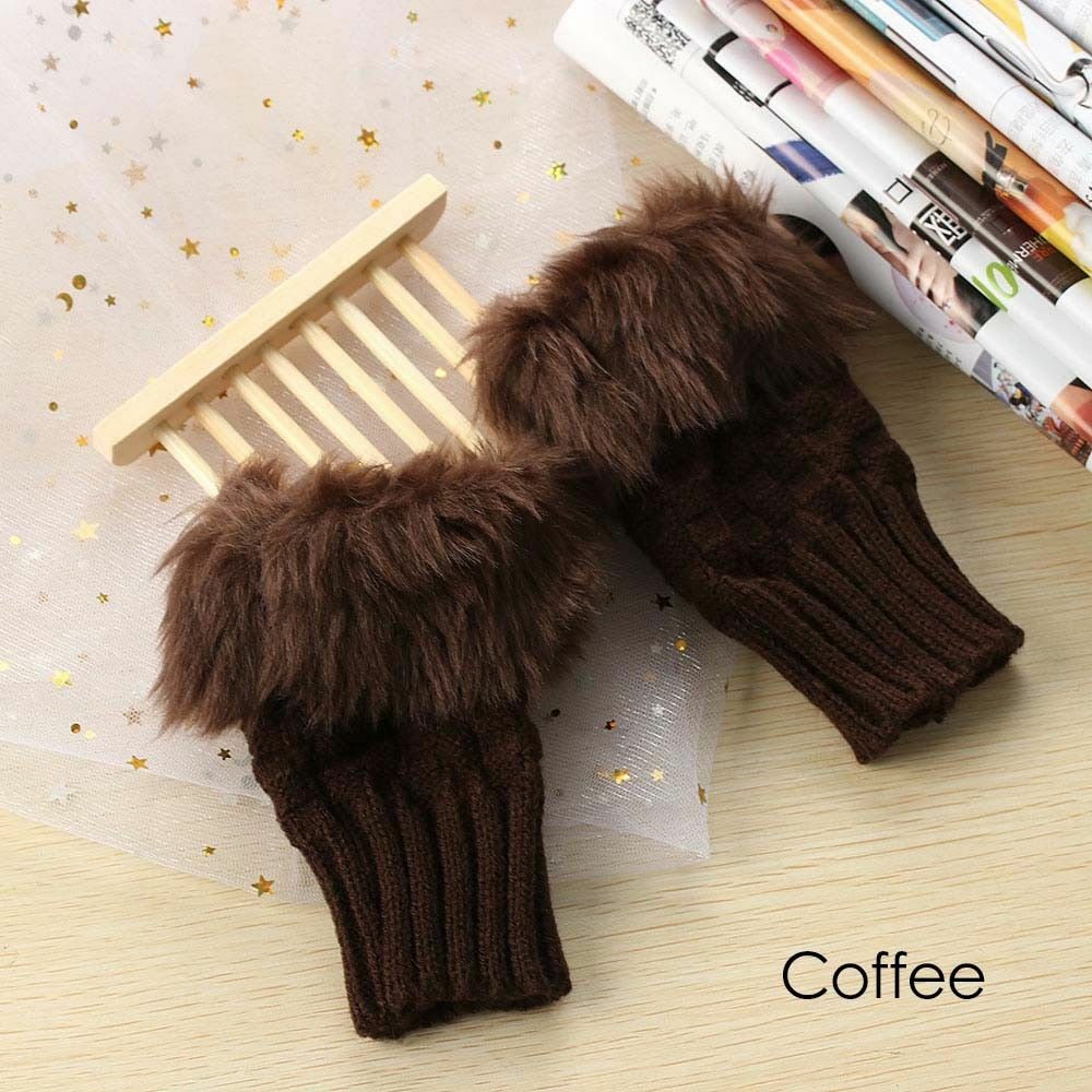 Winter Knitted Faux Fur Fingerless Gloves Women Wrist Hand Soft Warm Mittens