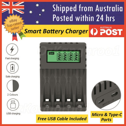 Smart Battery Charger 4 Slot for AA/AAA Nimh Rechargeable Batteries LCD Display