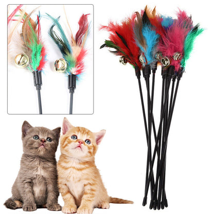 10PCS Kitten Cat Feather Toy Bell Wand Teaser Rod Interactive Play Pet Gift Toys
