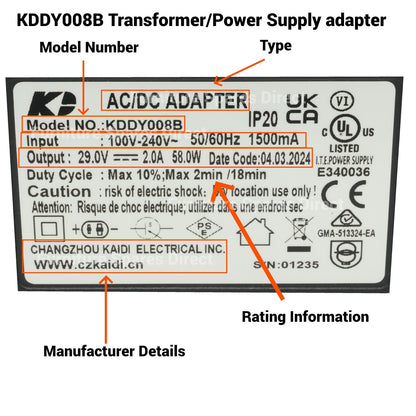 Electric Recliner 2.0A 29V AC/DC Adapter Transformer + 2 Pin Connector- KDDY008B