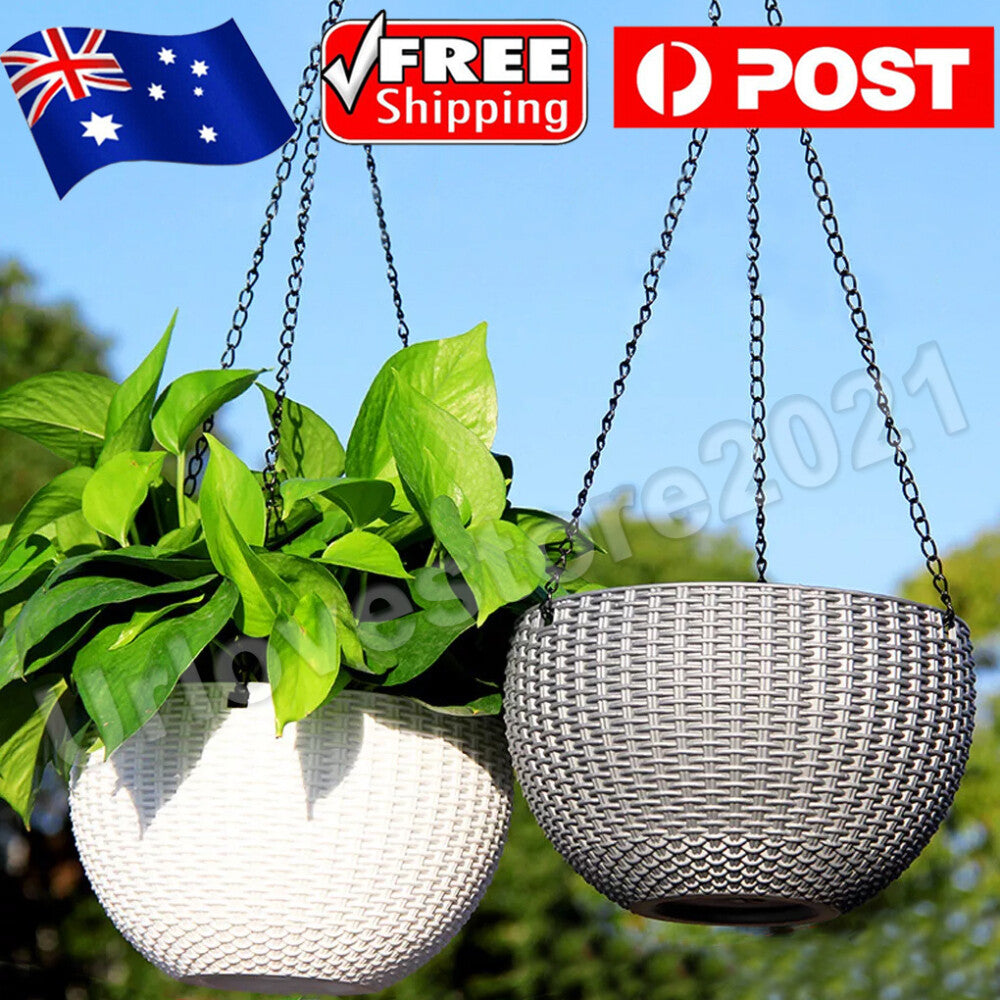 2PCS Landen Rattan Hanging Plant Pots Flower Baskets Hanger Self Holder Wall AU