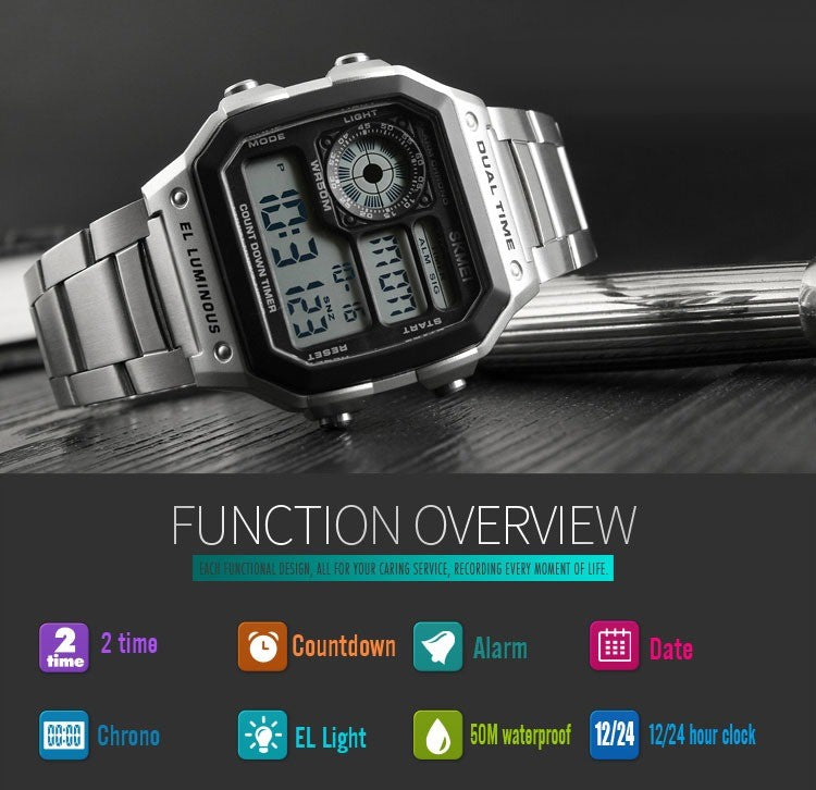 Men Digital LED Watch Date Waterproof Stainless Steel Military Sport Wrist Watch