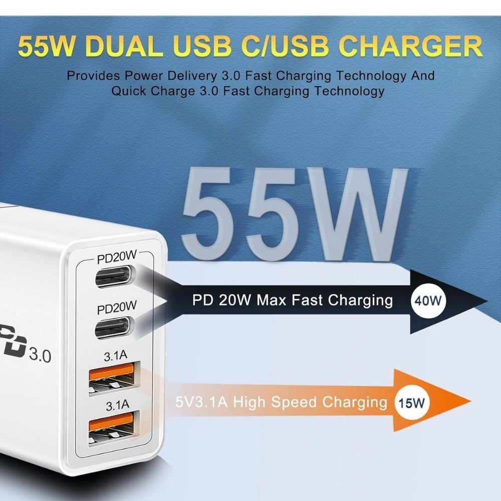 55W 4 Port USB-C PD Fast Charging Wall USB C Charger Power Adapter Type-C Brick