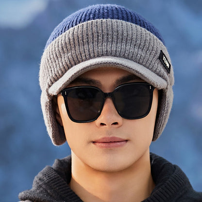 Fleece Lined Beanie Hat Ear Protection Bomber Hats Winter Peaked Knit Cap Men