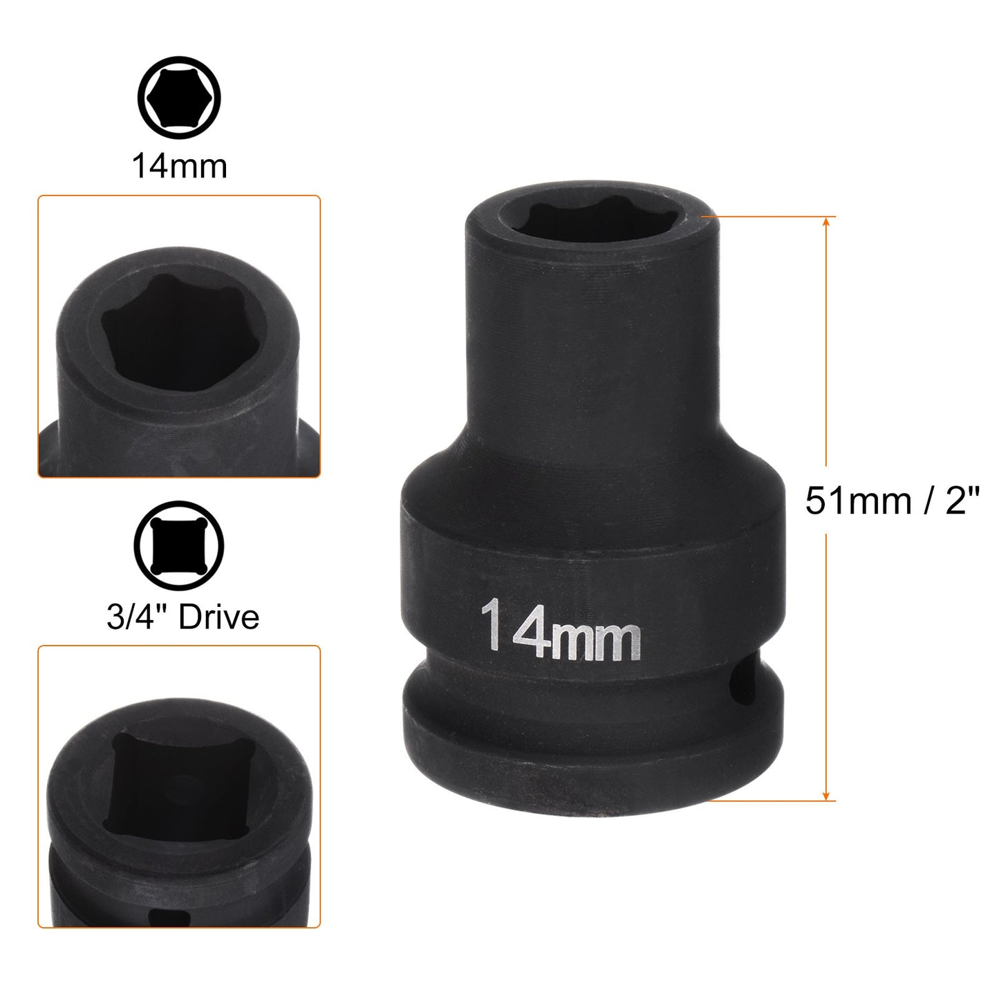 Deep 6-Point Impact Socket 3/4" Drive 14mm Metric 40Cr Impact Socket