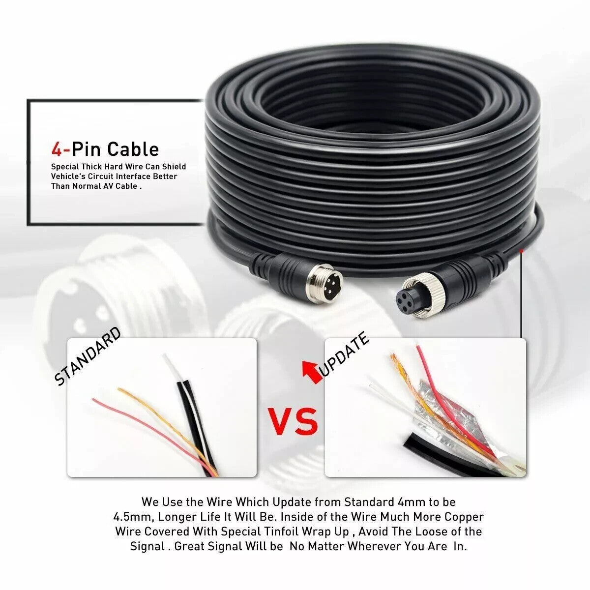 4 Pin Video Extension Cable Wire For Bus Truck Reversing Rear Camera 5 10 15 20m