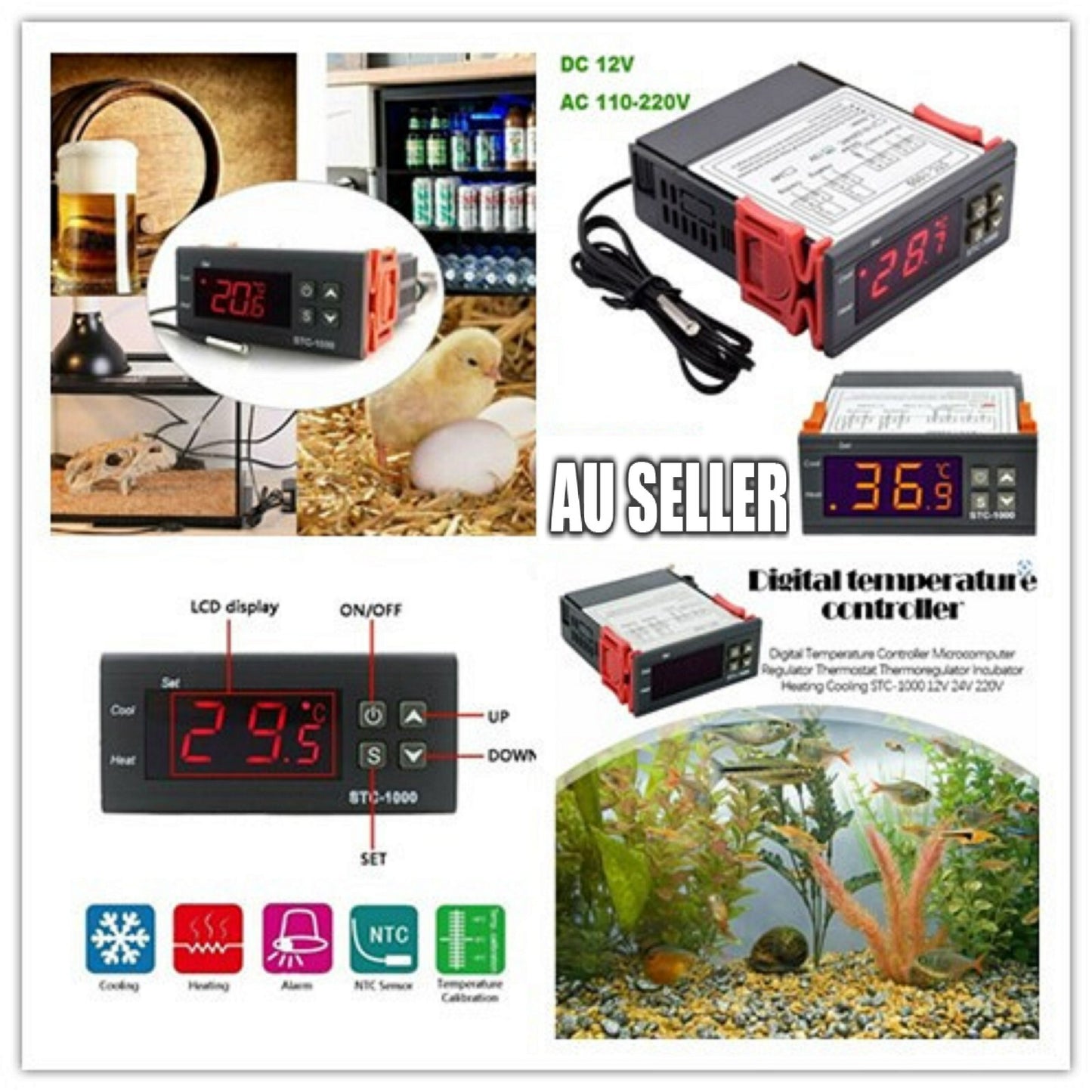 Digital Temperature Thermostat STC-1000 Controller 12V-220V Heating Cooling LCD