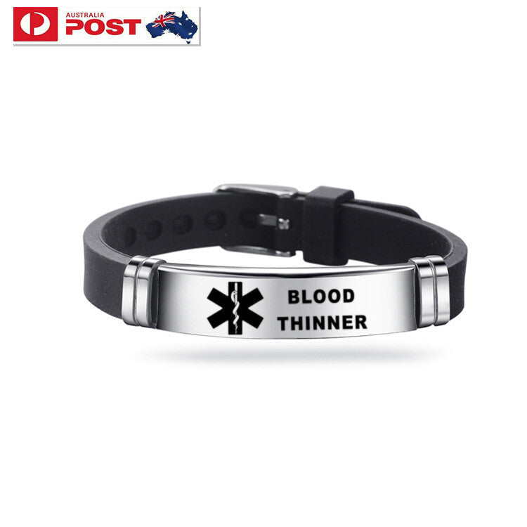 Blood Thinner Stainless Steel and Silicone Wristband Bracelet, Medical Alert