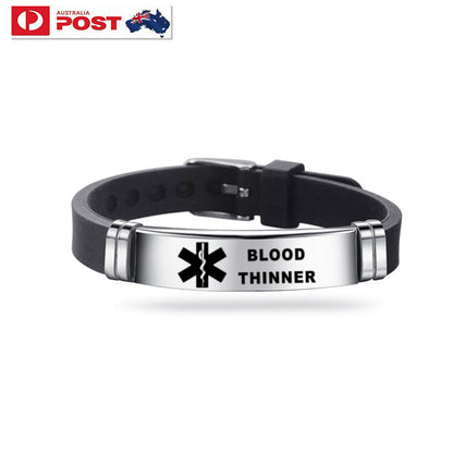 Blood Thinner Stainless Steel and Silicone Wristband Bracelet, Medical Alert