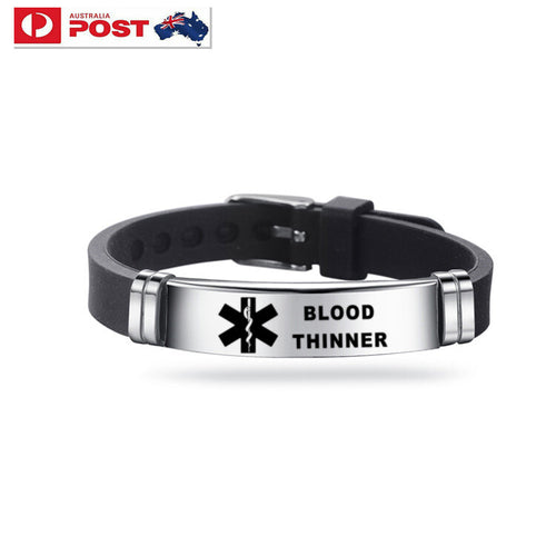 Blood Thinner Stainless Steel and Silicone Wristband Bracelet, Medical Alert