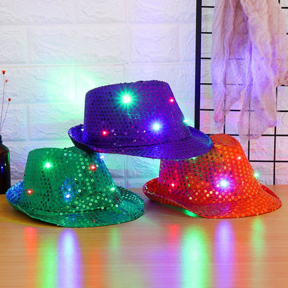 Fashion Light Up Dress Dance Party Sequin Panama Cap Jazz Hat Led Fedora Trilby