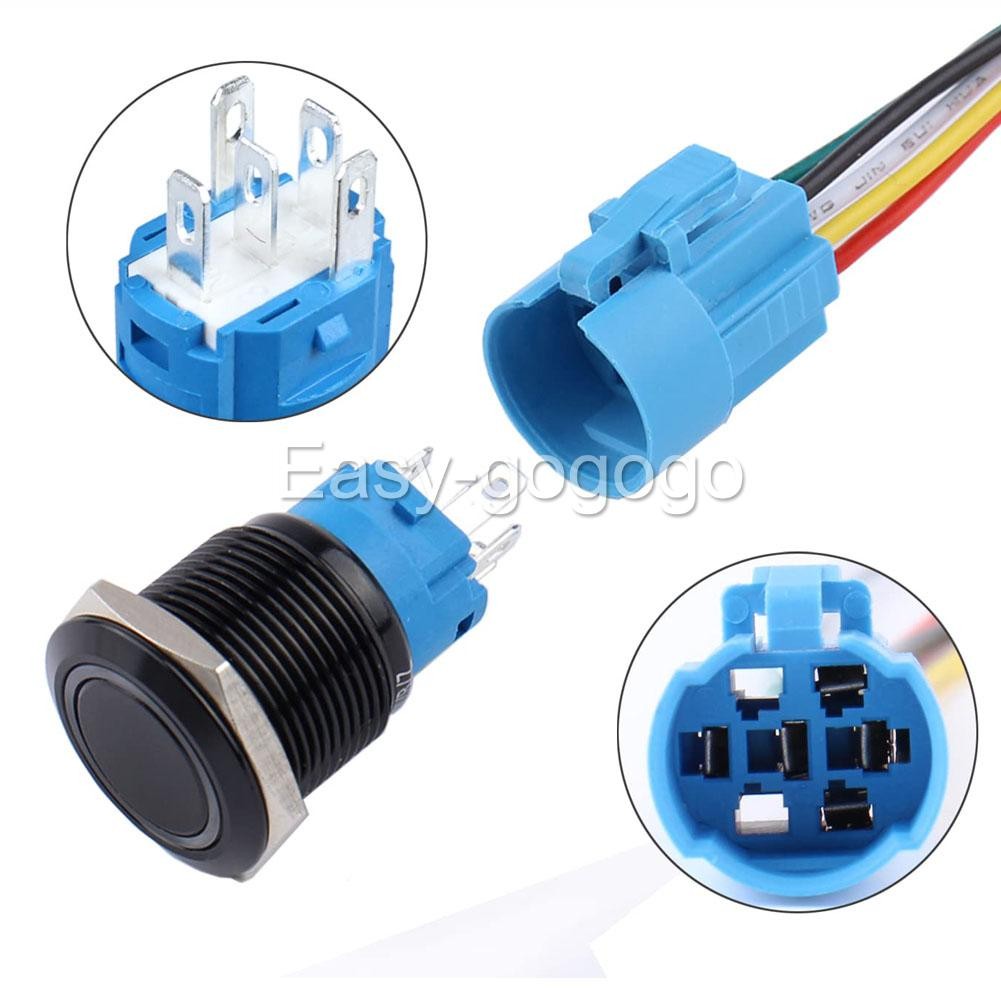 Round Switch Push Button Latching ON-OFF 12V 16mm NO NC IP65 BLUE LED RING Black