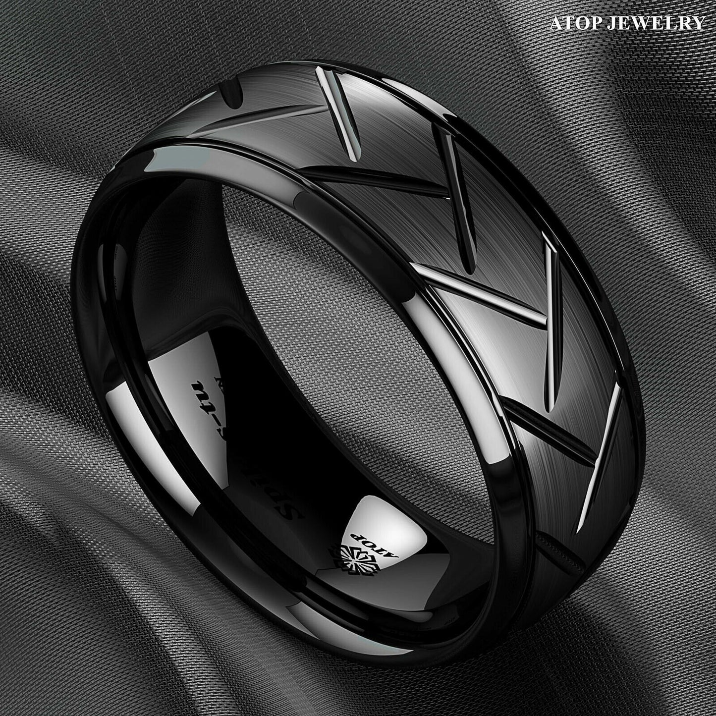 8mm Dome Black Warrior Brushed Center Tungsten Ring Bridal Band ATOP Jewelry