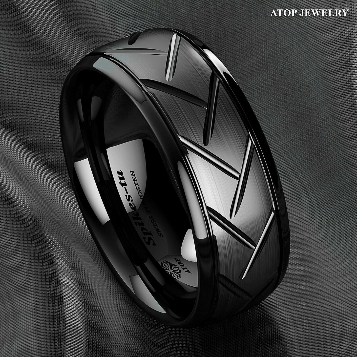 8mm Dome Black Warrior Brushed Center Tungsten Ring Bridal Band ATOP Jewelry