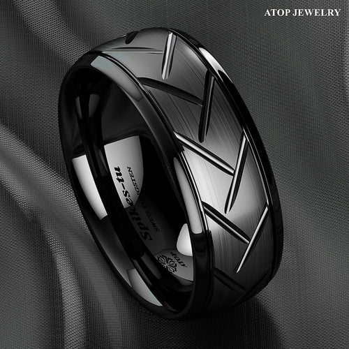8mm Dome Black Warrior Brushed Center Tungsten Ring Bridal Band ATOP Jewelry