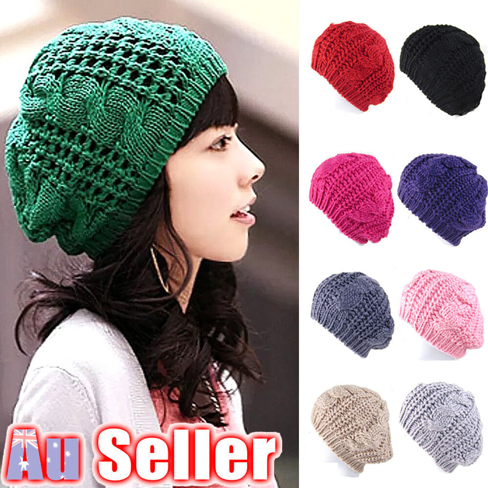 Women Lady Beret Cap girl Slouch Knitted Crochet Winter Beanie Hat Warm Baggy