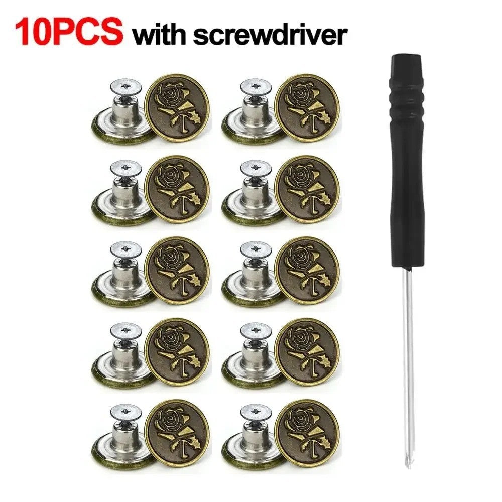 10Pcs Metal Jeans Buttons 17mm Replacement No-Sewing Screw Button Repair Kit