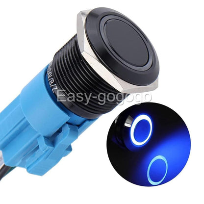 Round Switch Push Button Latching ON-OFF 12V 16mm NO NC IP65 BLUE LED RING Black