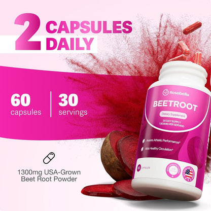 3-PACK Rosabella Beet Root Powder 1300mg Capsules Supports Blood Pressure 60Cts&
