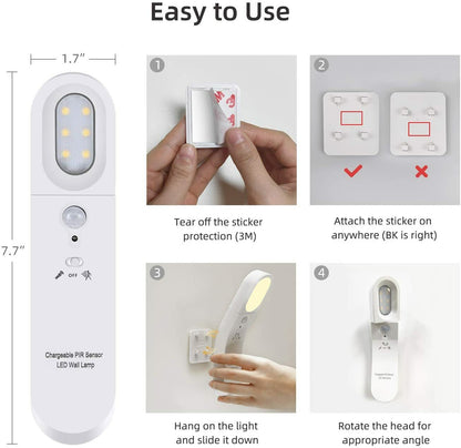 Motion Sensor PIR Light Cordless USB Rechargeable LED Night Light Closet Stair