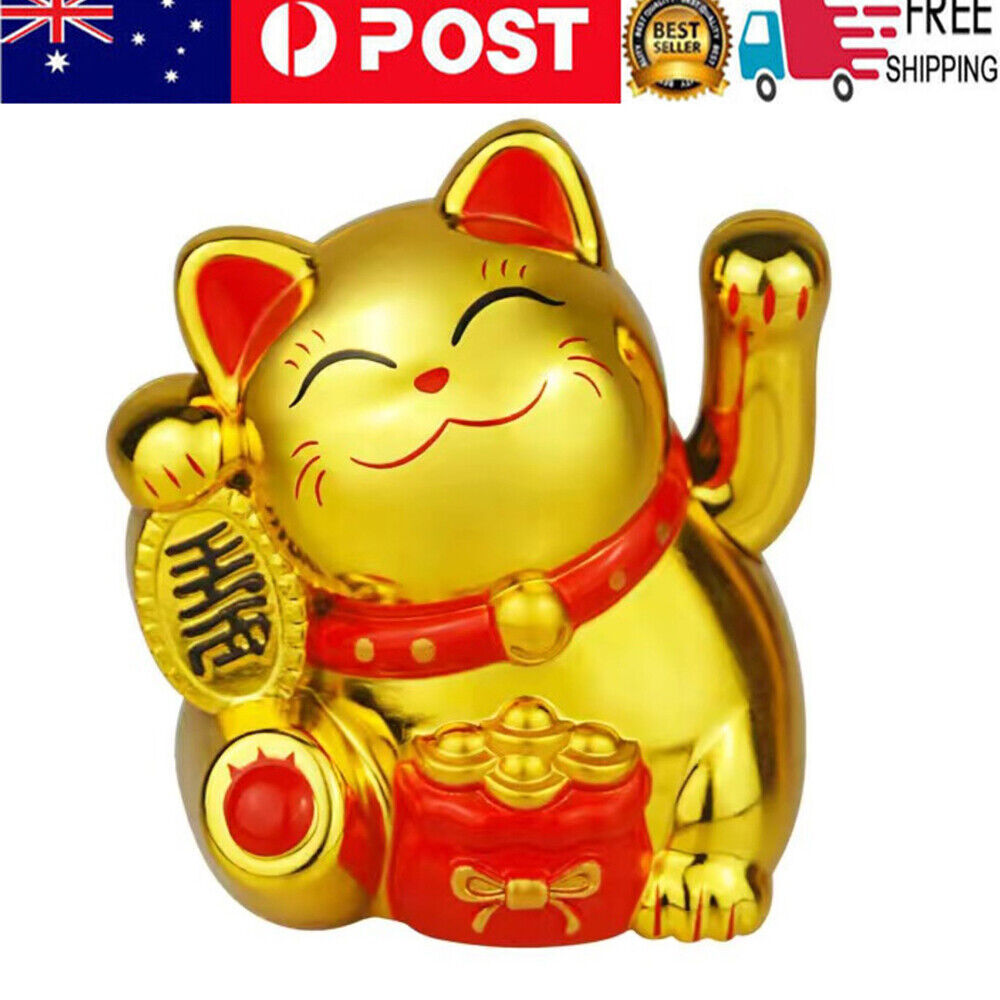 Chinese Lucky Fortune Money Waving Gold Maneki-Neko Cat Figure Feng Shui Decor