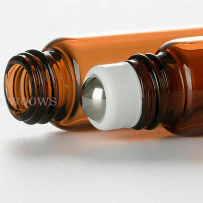 10X 10ml Roller Bottles Amber Thick Glass Steel Roll on Ball for Essential Oils
