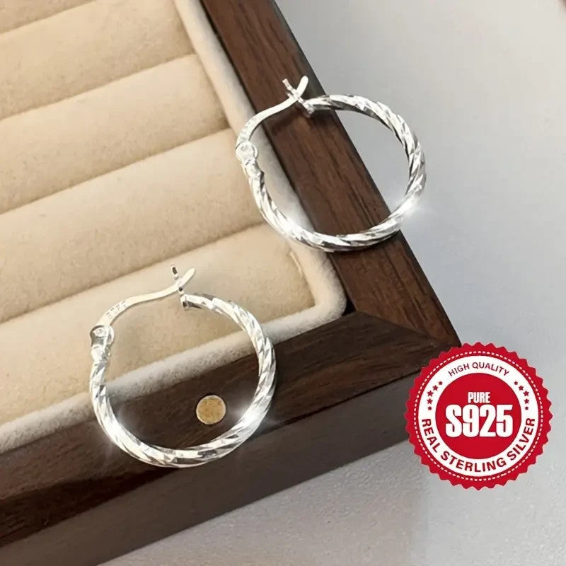 NEW 925  Sterling Silver Twisted Circle Earrings for Women, Classic Simple Style