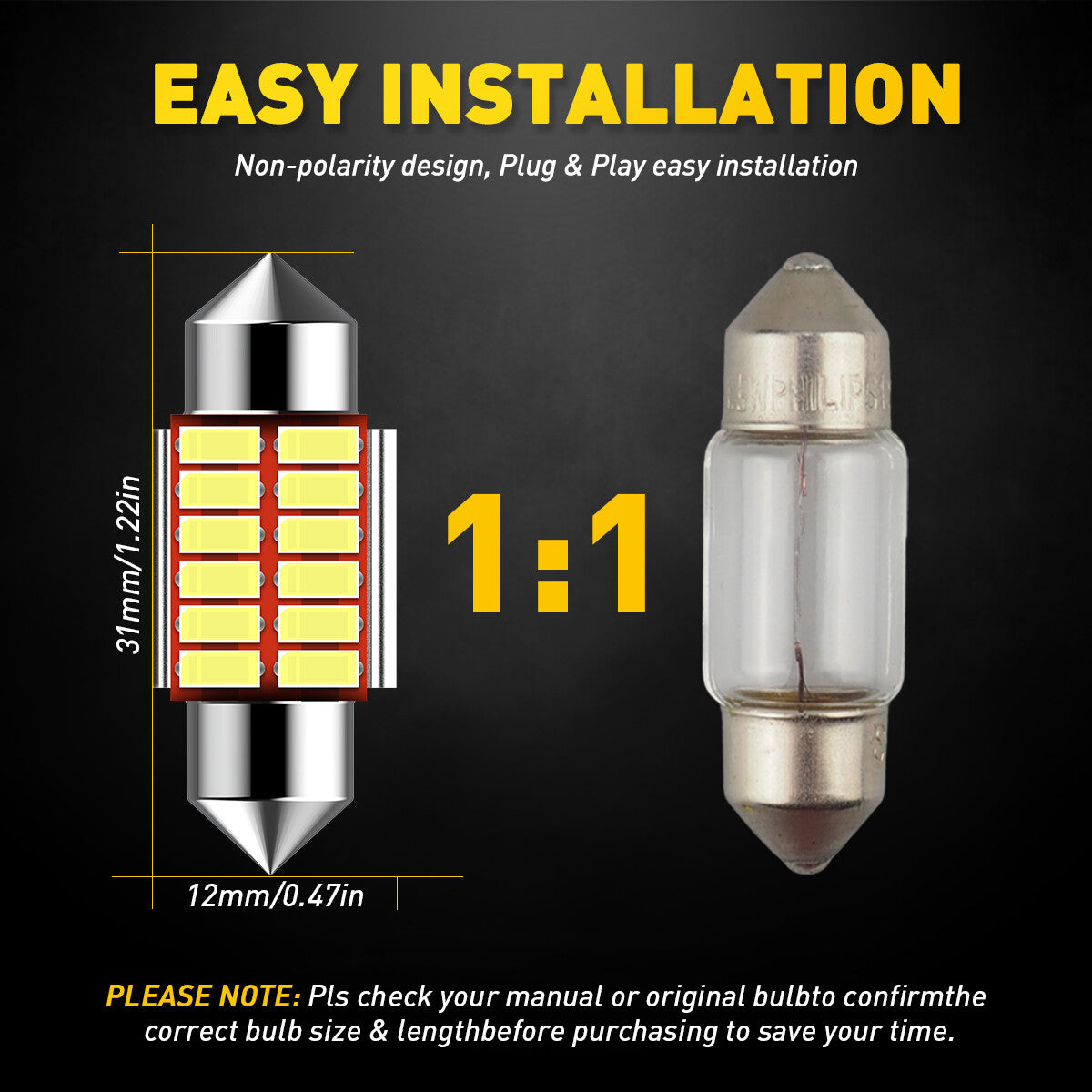 AUXITO 2X 31mm FESTOON CAR NEW LED INTERIOR LIGHT BULB DOME GLOBE CANBUS IP67
