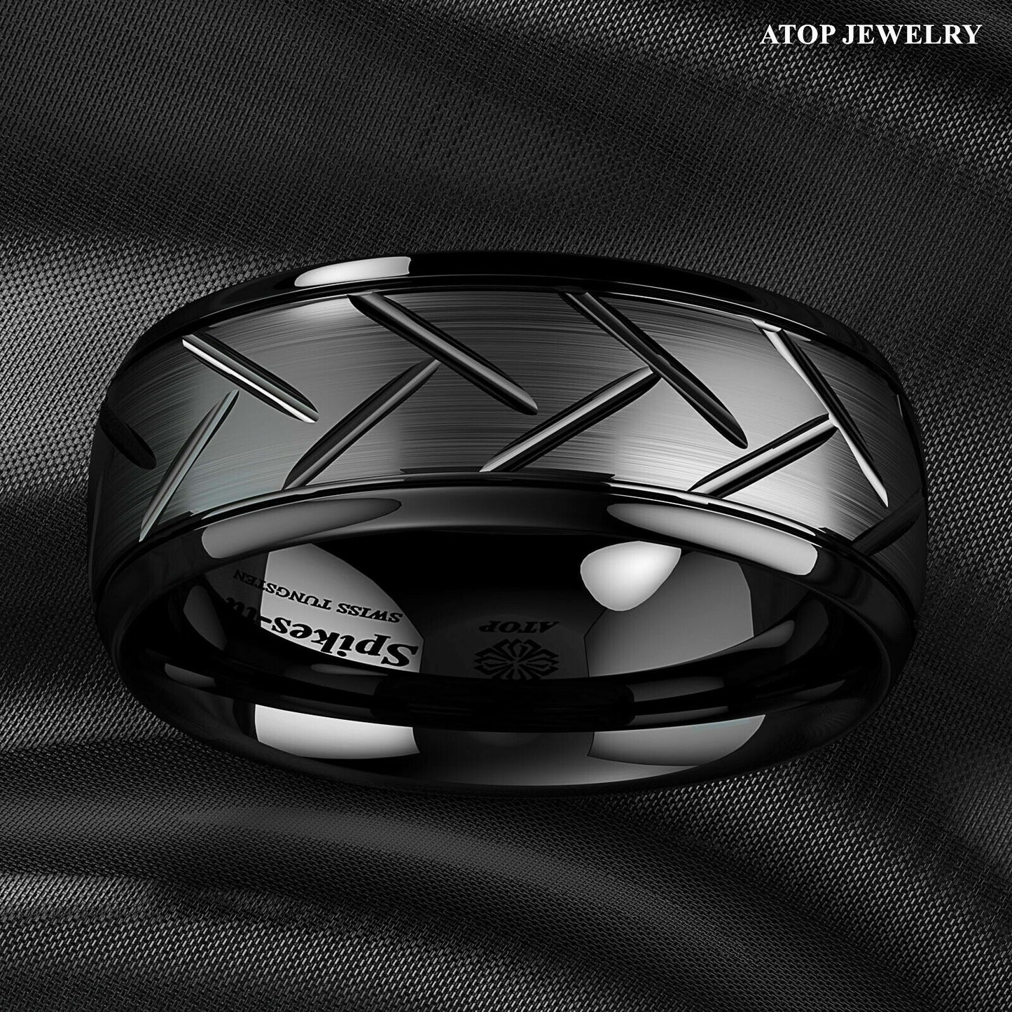 8mm Dome Black Warrior Brushed Center Tungsten Ring Bridal Band ATOP Jewelry