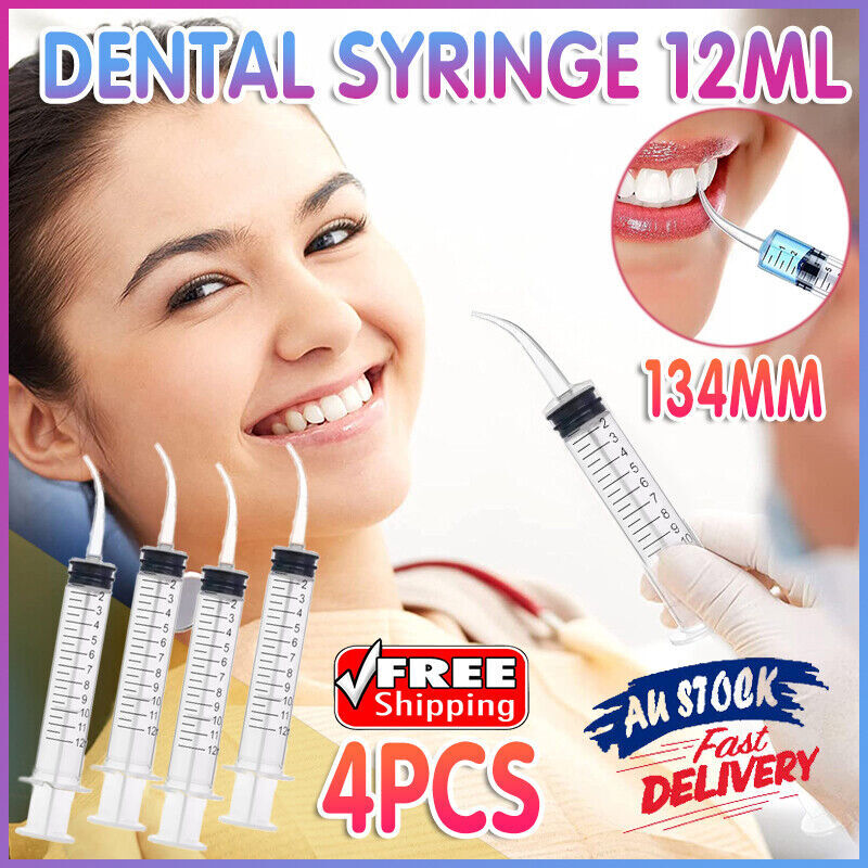 4PCS Dental Syringe 12ml Disposable Oral Irrigation Curved Tip Elbow Lab AU