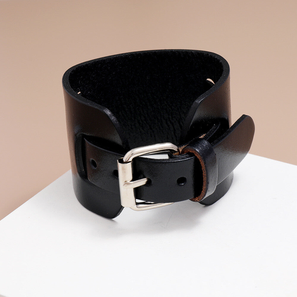 Men Punk 4.8cm Wide Leather Belt Wristband Bangle Cuff Bracelet Adjustable 28cm
