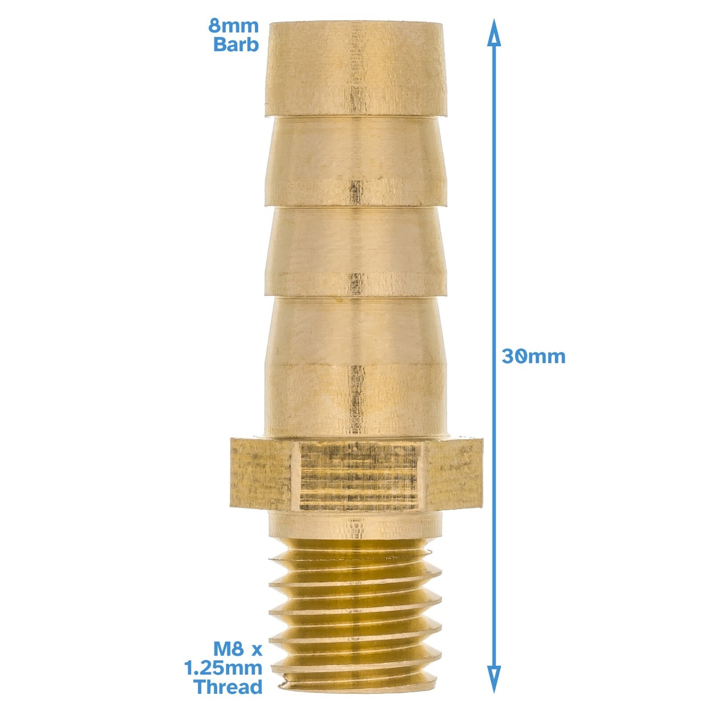 3x Brass 8mm Barb Hose To M8 x 1.25mm Male Threaded Pipe Fitting Tail Connector