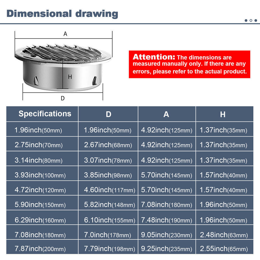 Ø 70-200mm Stainless Steel Ventilation Air Vent Grille Cover Metal Duct Circle-