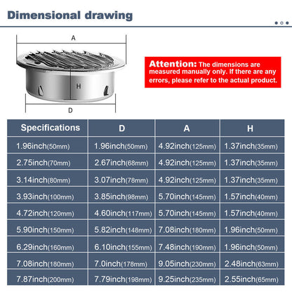 Ø 70-200mm Stainless Steel Ventilation Air Vent Grille Cover Metal Duct Circle-