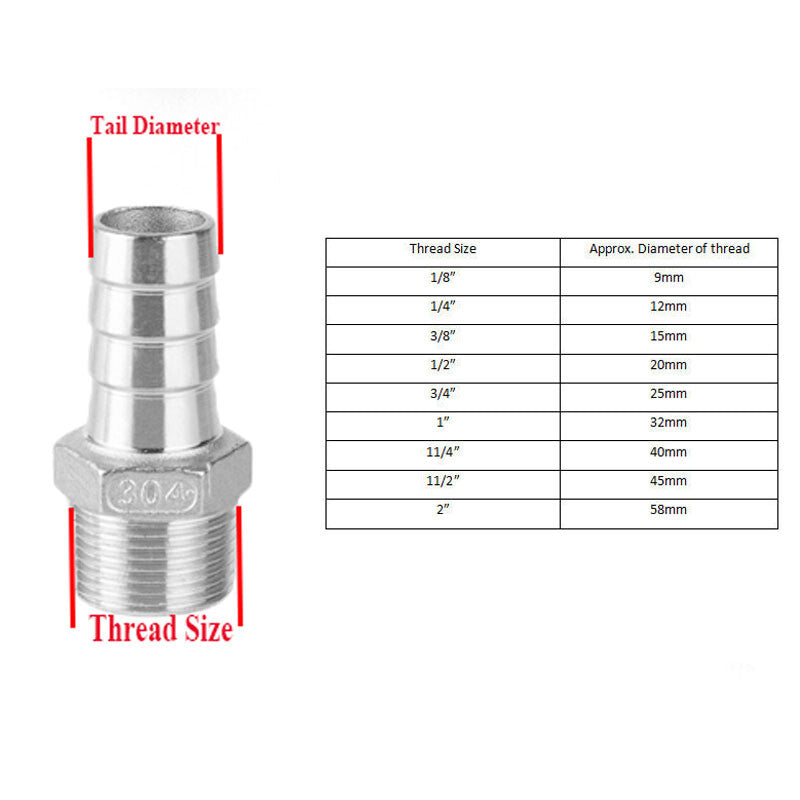 BSP 1/8"-2" Stainless Steel Male Thread Fitting x Barb Hose Tail End Connector