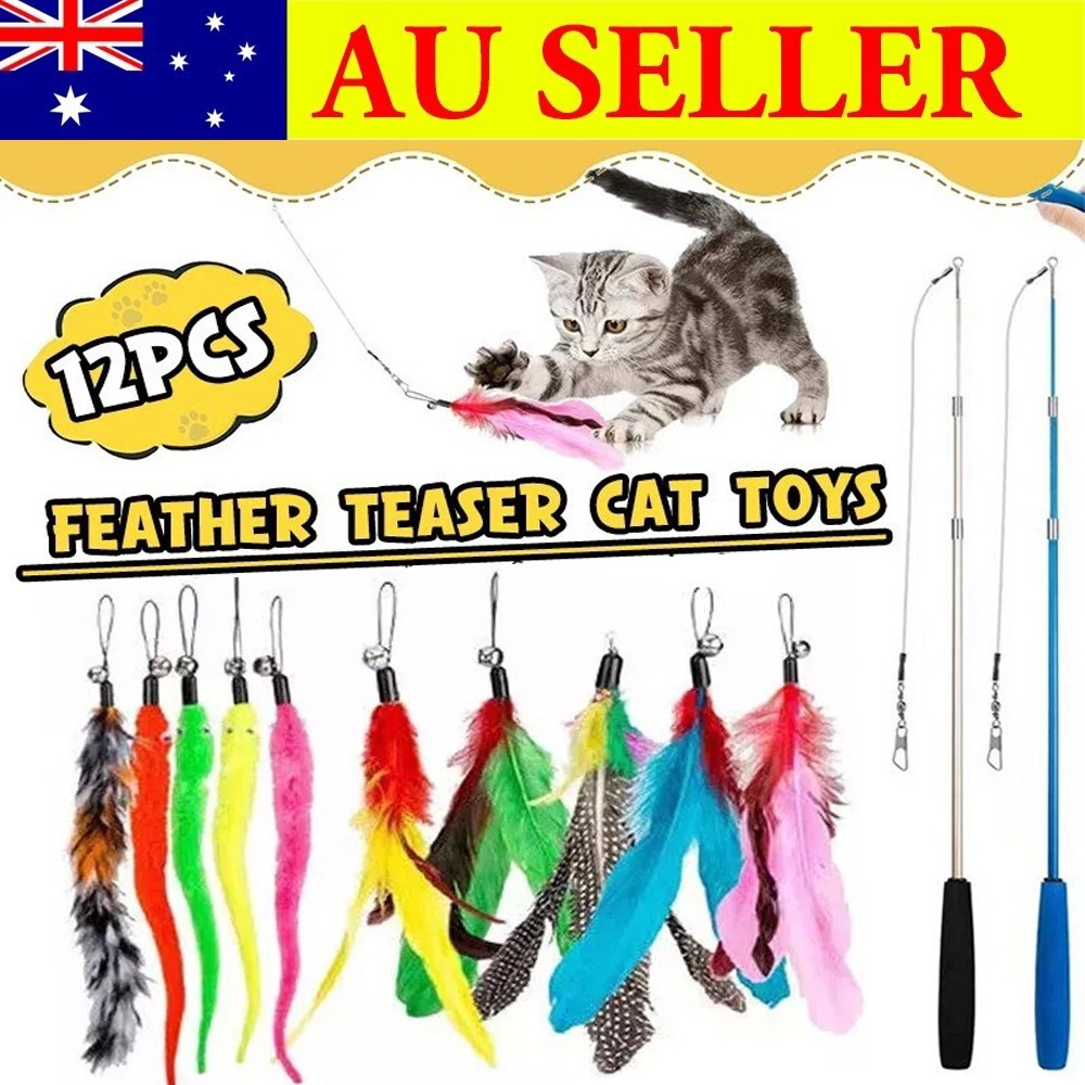 12PCS Kitten Cat Feather Toy Bell Wand Teaser Rod Interactive Play Pet Toys Gift