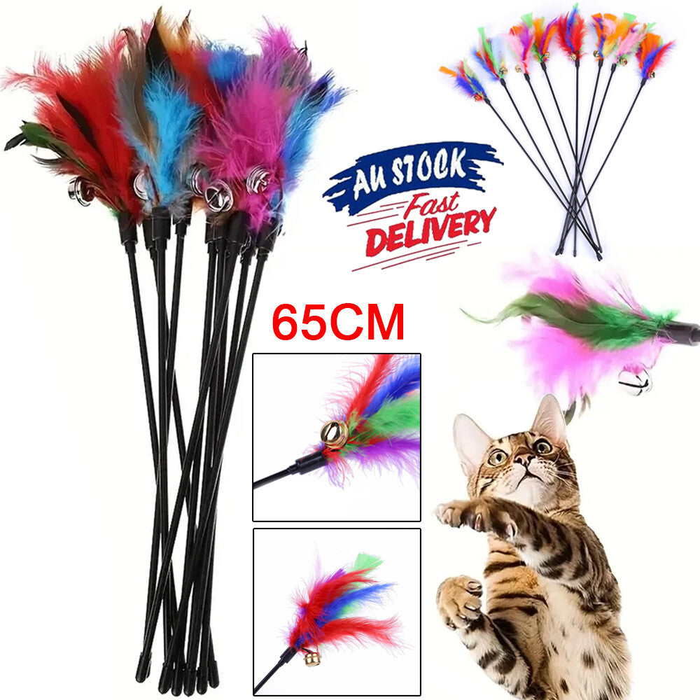 10PCS Kitten Cat Feather Toy Bell Wand Teaser Rod Interactive Play Pet Gift Toys