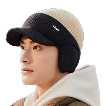 Fleece Lined Beanie Hat Ear Protection Bomber Hats Winter Peaked Knit Cap Men