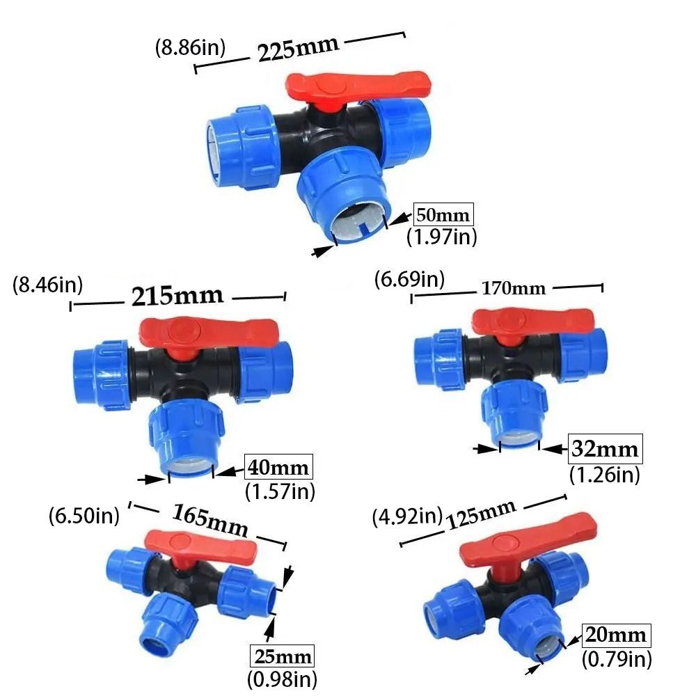 Irrigation 3-Way Ball Valve 20/25/32/40/50mm Water Pipe Fittings  Lawn