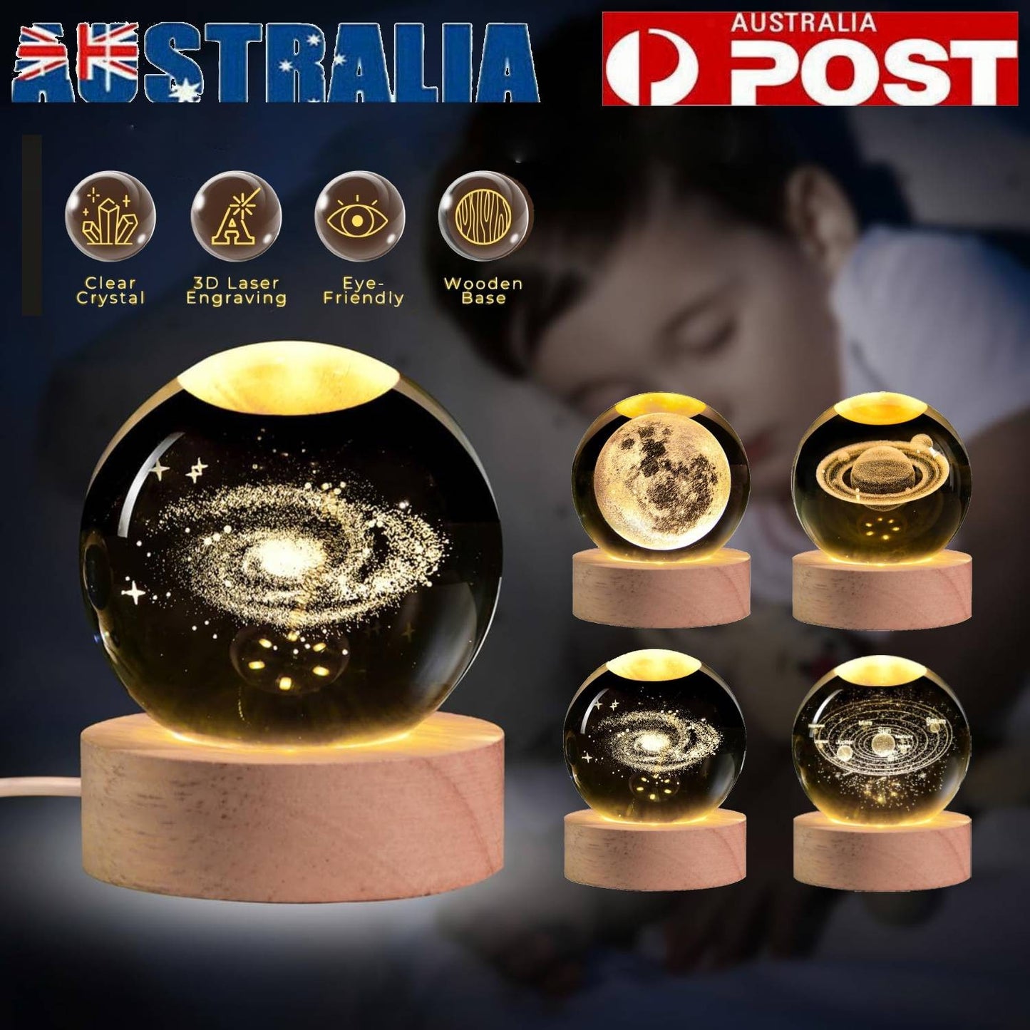 USB 3D Moon Planet Globe Galaxy Night Light LED Crystal Ball Table Lamp Bedside