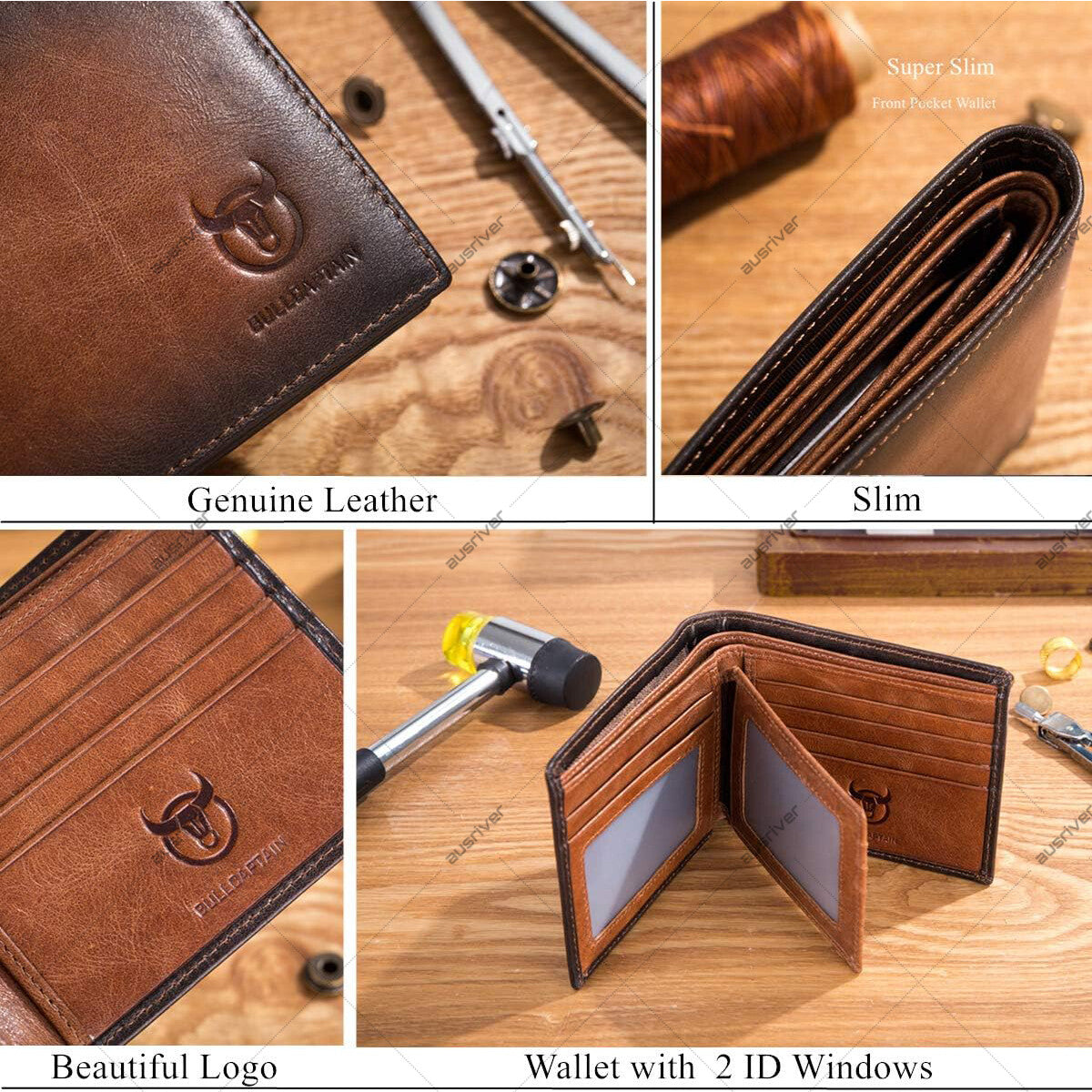 BULLCAPTAIN RFID Wallets for Men Slim Bifold Genuine Leather Front Pocket Wallet