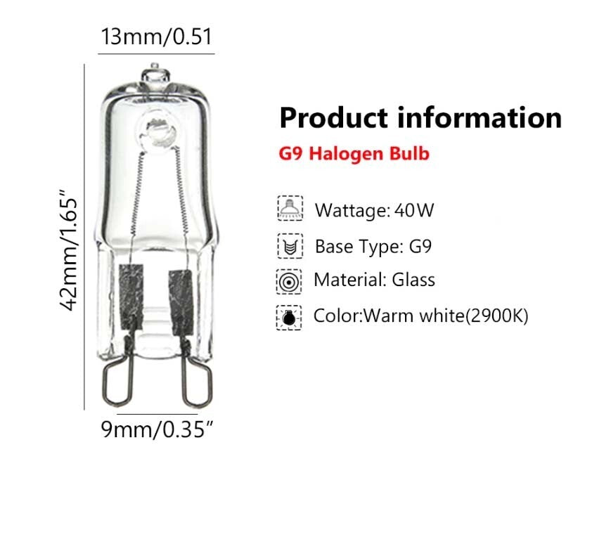 Chef, Westinghouse, Electrolux, Smeg Oven Halogen Lamp, 40W 230V G9 300C