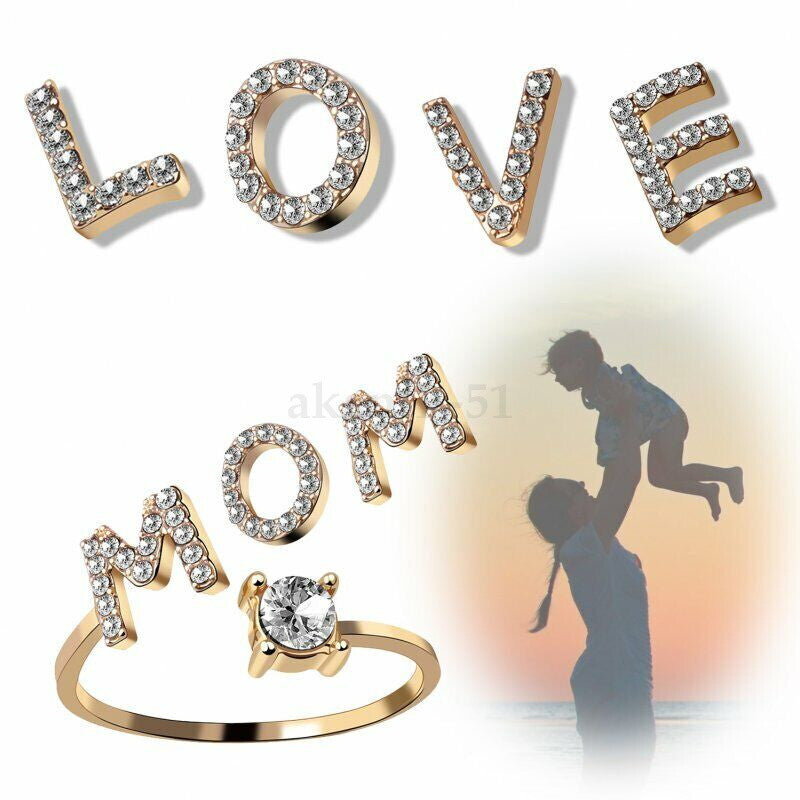 Adjustable Open Initial A-Z Letters Ring Fashion Zircon Ring Womens Jewelry Gift