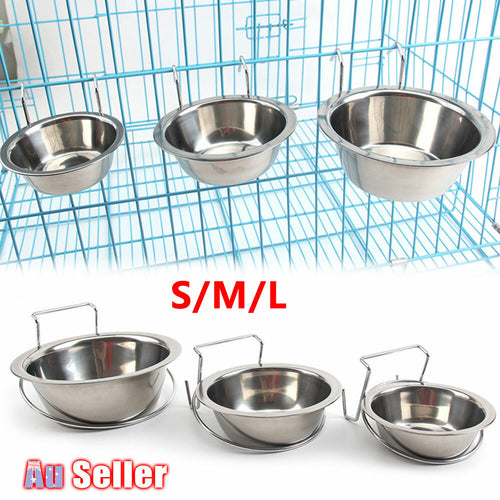 Pet Bowl Dog Food Cage Crate Water S/M/L Hang-on Stainless Steel Metal Cat