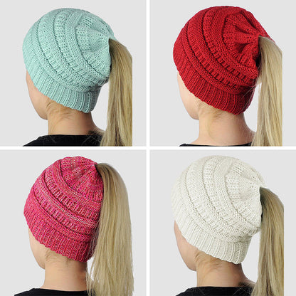 Ponytail Beanie Women's Ribbed Winter Messy Bun Cable Warm Soft Knit Hat Cap