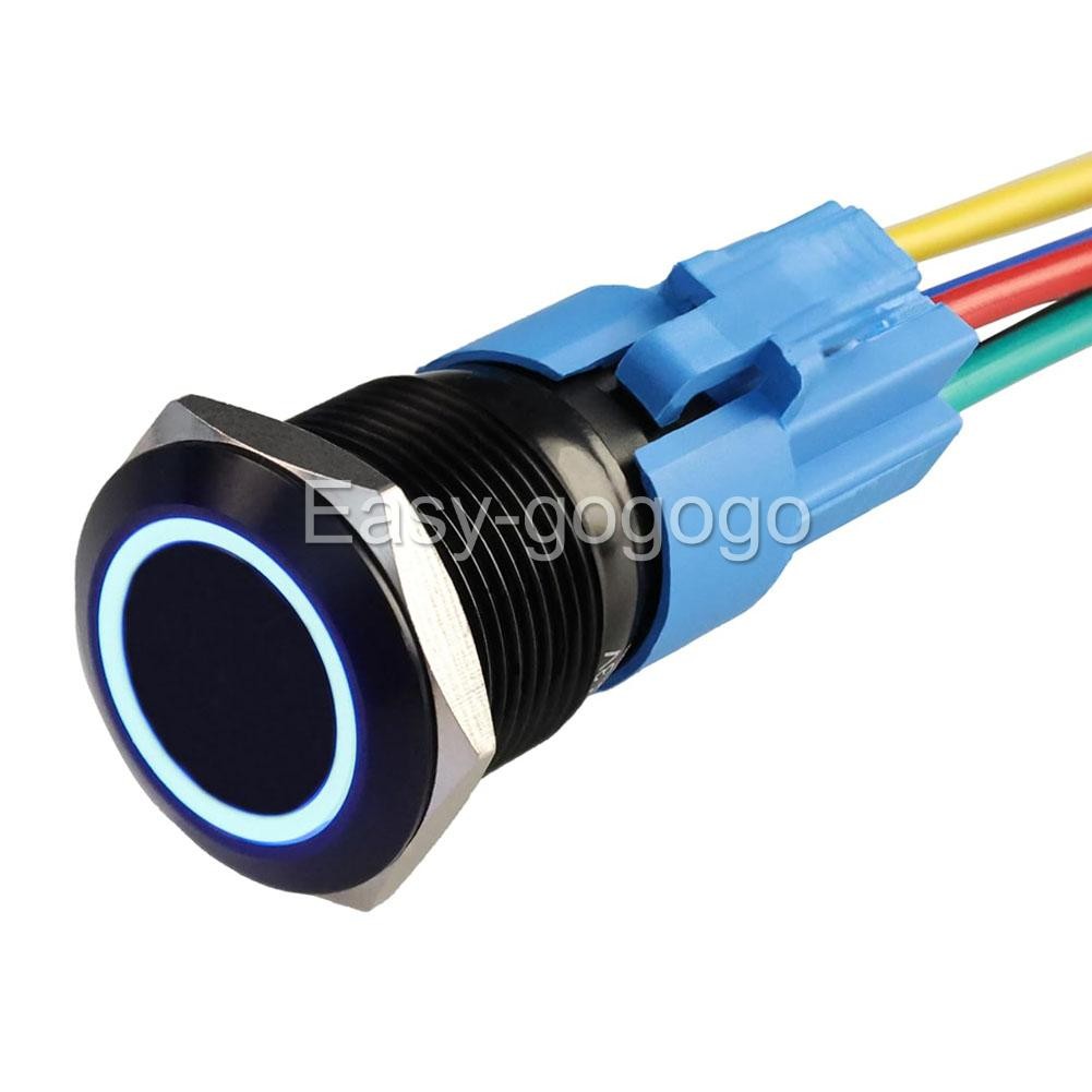 Round Switch Push Button Latching ON-OFF 12V 16mm NO NC IP65 BLUE LED RING Black