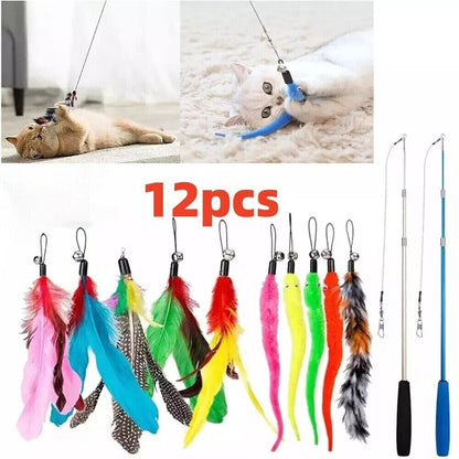 12PCS Kitten Cat Feather Toy Bell Wand Teaser Rod Interactive Play Pet Toys Gift