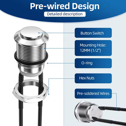 6pcs 12mm Momentary Push Button Switch Waterproof 12V Metal Pre-wired Car Boat