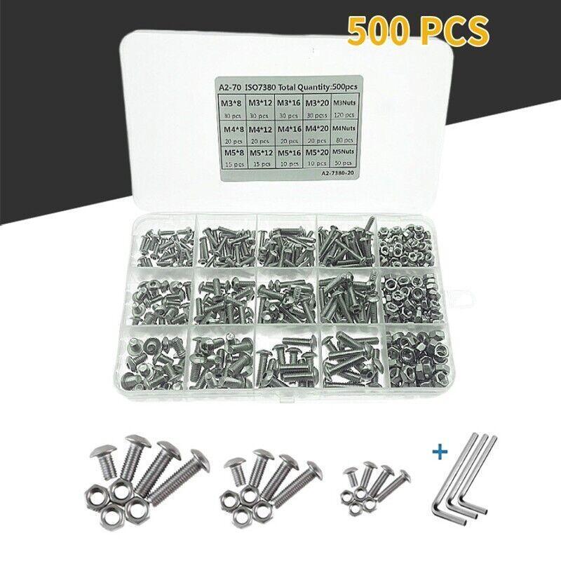 500PCS M3 M4 M5 Stainless Steel Hex Button Head Screw Bolt Nut Set Kit Bolt Kits